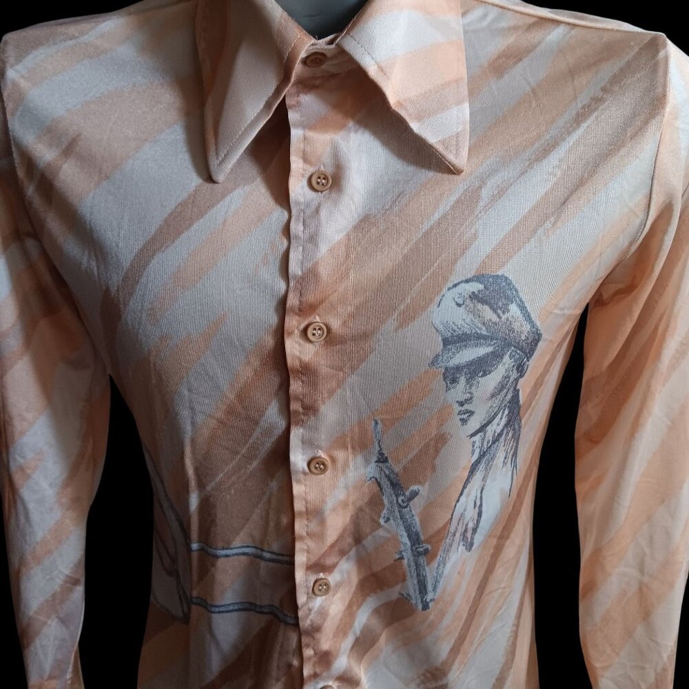 Vintage Men's Disco Shirt Large 1970s Salmon Pink Nautical Sexy Man Woman Print - Picture 2 of 10